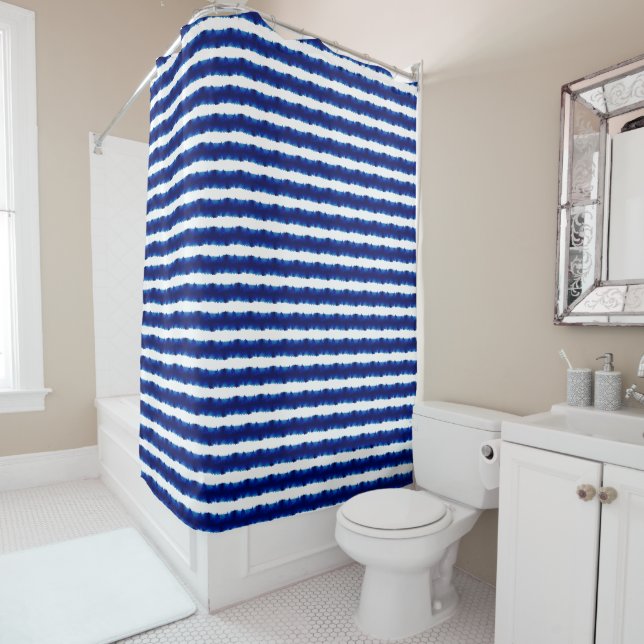 Blue Shibori Stripe Small Pattern Shower Curtain (In Situ)