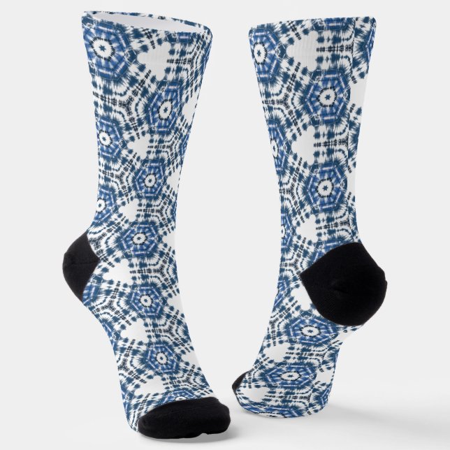 Blue Shibori Tie Dye Elegant Geometric Pattern Socks (Angled)