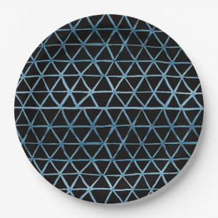 Blue Shibori watercolor net pattern on black Paper Plate