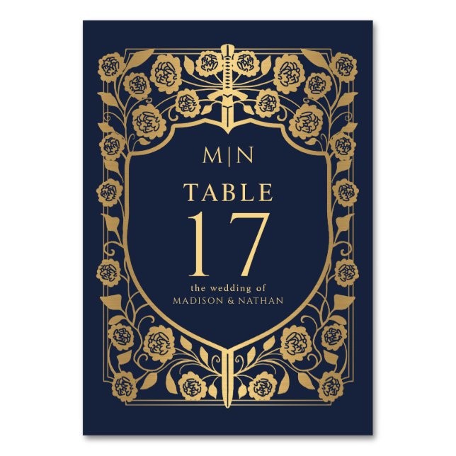 Blue Shield Mediaeval Fantasy Monogram Wedding  Table Number (Front)