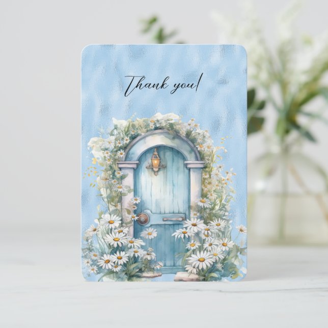 Blue Shimmer Garden Door Daisy Flat Thank You Card (Standing Front)