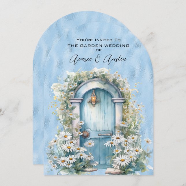 Blue Shimmer Garden Door Daisy  Invitation (Front/Back)