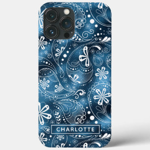 Blue Shimmer Modern Girly Paisley Personalised iPhone 13 Pro Max Case