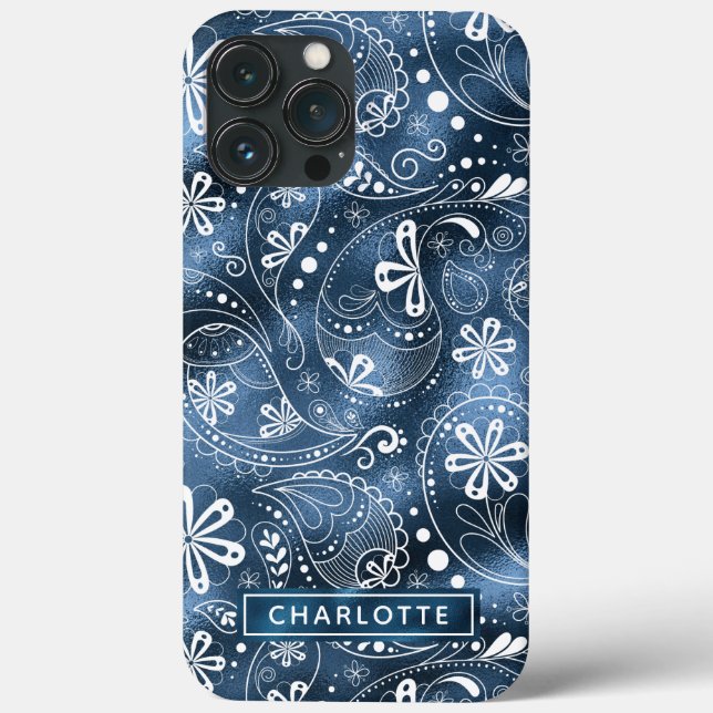 Blue Shimmer Modern Girly Paisley Personalised Case-Mate iPhone Case (Back)