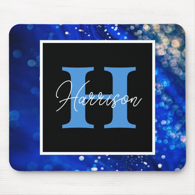 Blue Shimmer Name & Monogram  Mouse Pad (Front)