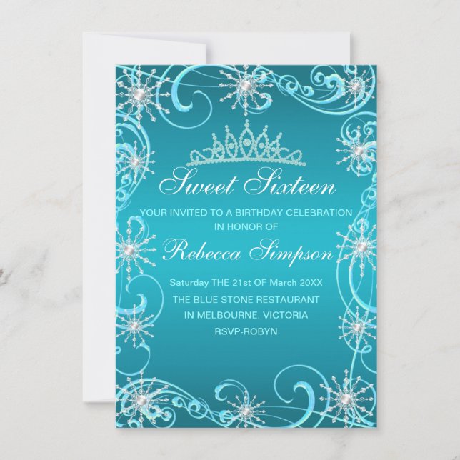 Blue Shimmer Snowflake Birthday Invite (Front)