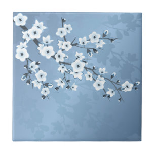 Blue Shimmering Cherry Blossom Ceramic Tile