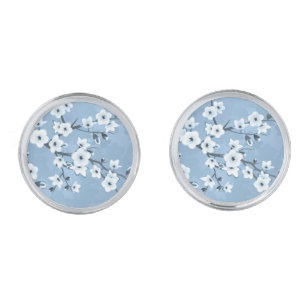 Blue Shimmering Cherry Blossom Silver Finish Cufflinks