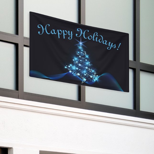 Blue Shine of Stars Christmas Tree Dark Holidays  Banner (Outside Building)