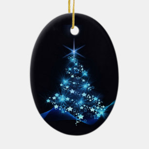 Blue Shine of Stars on Christmas Tree Dark Ceramic Ornament