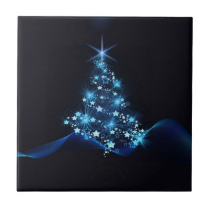 Blue Shine of Stars on Christmas Tree Dark Ceramic Tile