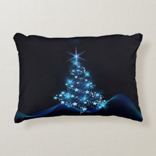 Blue Shine of Stars on Christmas Tree Dark Decorative Cushion