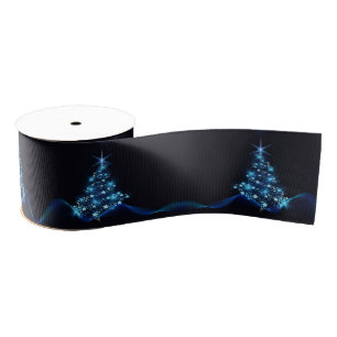 Blue Shine of Stars on Christmas Tree Dark Grosgrain Ribbon