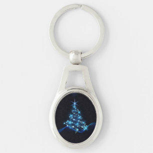 Blue Shine of Stars on Christmas Tree Dark Key Ring