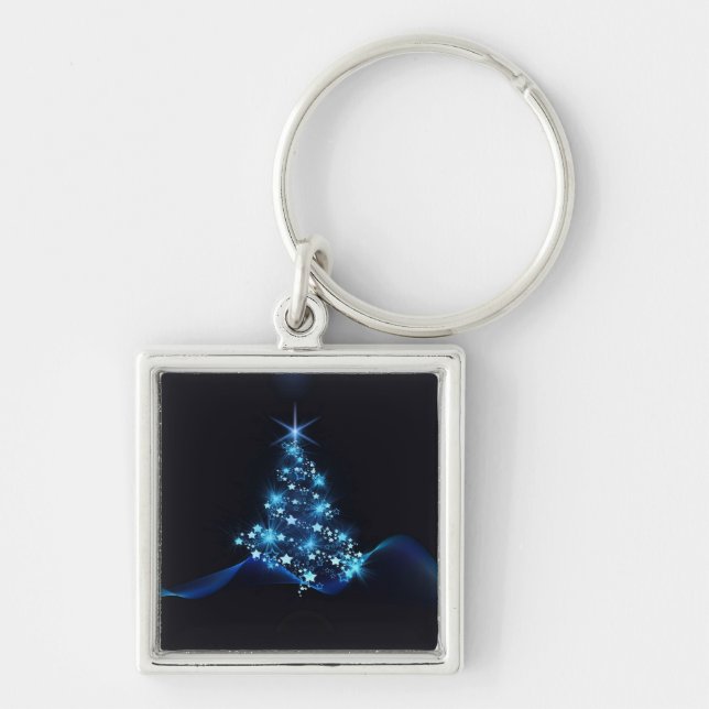 Blue Shine of Stars on Christmas Tree Dark  Key Ring (Front)