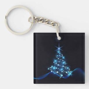 Blue Shine of Stars on Christmas Tree Dark  Key Ring