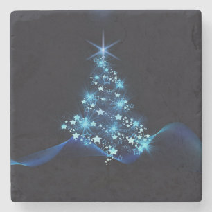 Blue Shine of Stars on Christmas Tree Dark Stone Coaster