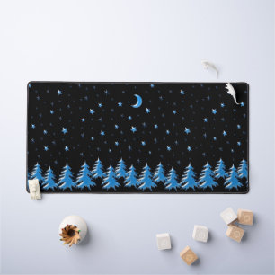 Blue Shine Winter Christmas Trees, Stars on black Desk Mat