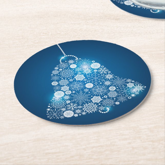 Blue & Shinning White Snowflakes Christmas Bell Round Paper Coaster (Angled)