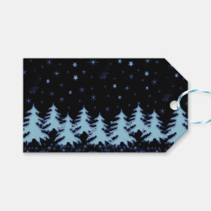 Blue shiny Christmas trees and stars on night sky Gift Tags