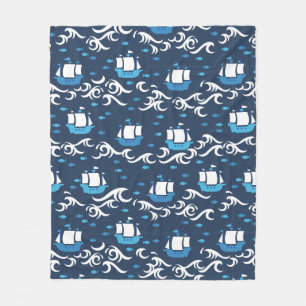 Blue Ship Voyage in the Sea Pattern II Fleece Blanket