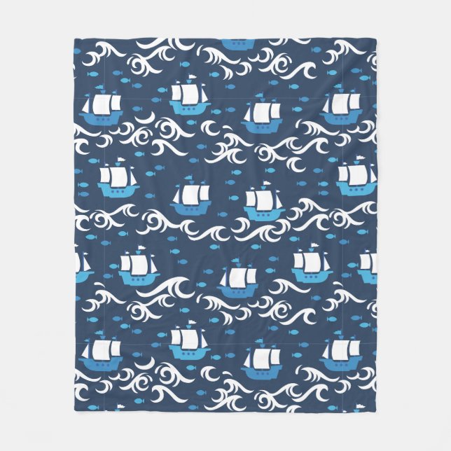 Blue Ship Voyage in the Sea Pattern II Fleece Blanket (Front)