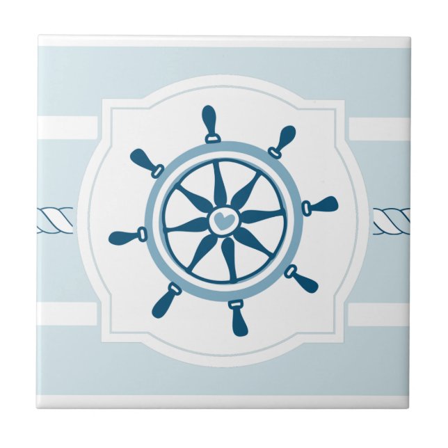 Blue ship wheel nautical stripes ceramic tile (Front)