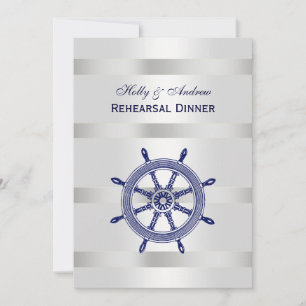 Blue Ship Wheel Silver Wht BG V Rehearsal Din Invitation
