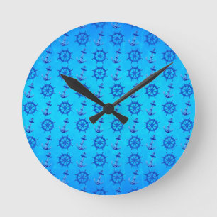 Blue Ships Wheel And Anchor Round Clock