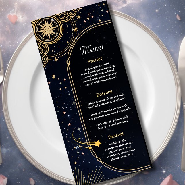 Blue shooting star Celestial sun and moon wedding Menu (Creator Uploaded)