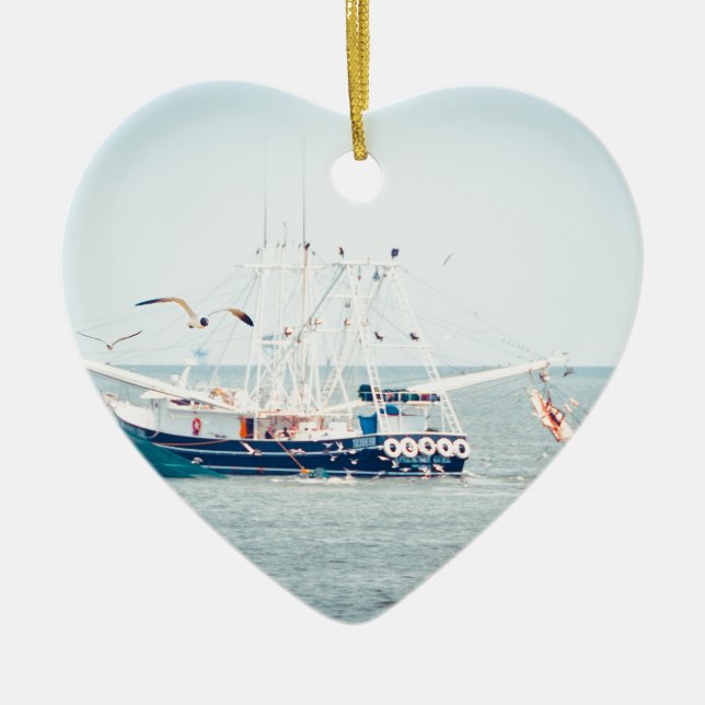 Blue Shrimp Boat on the Ocean Ceramic Ornament (Front)
