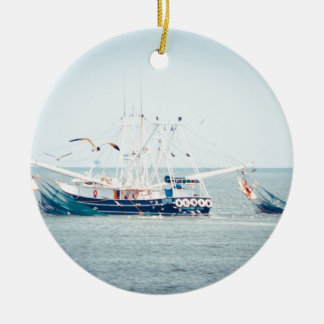 Blue Shrimp Boat on the Ocean Ceramic Tree Decoration