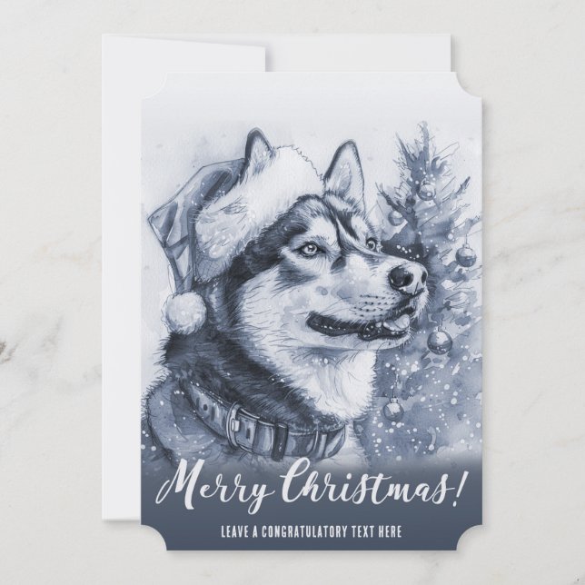 Blue Siberian Husky Christmas Holiday Card (Front)