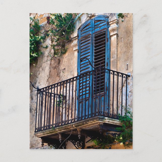 Blue Sicilian Door on the Balcony Postcard (Front)