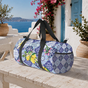 Blue Sicilian Mediterranean Citrus Tile Pattern Duffle Bag
