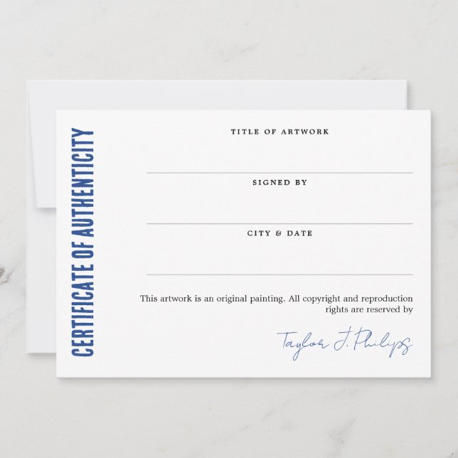Blue Signature Script Certificate of Authenticity (Front)