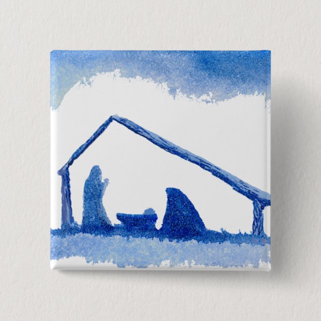 Blue Silhouette Nativity Scene 15 Cm Square Badge (Front)