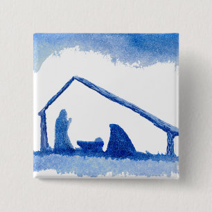 Blue Silhouette Nativity Scene 15 Cm Square Badge