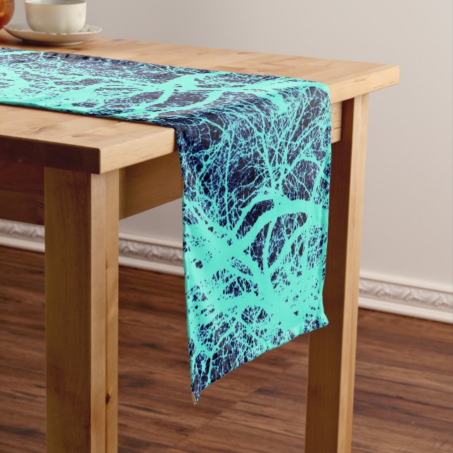 Blue silhouetted trees short table runner (In Situ)