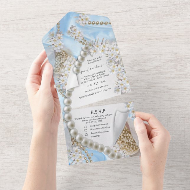 Blue Silk and Pearls All in One Wedding Invite (Tearaway)