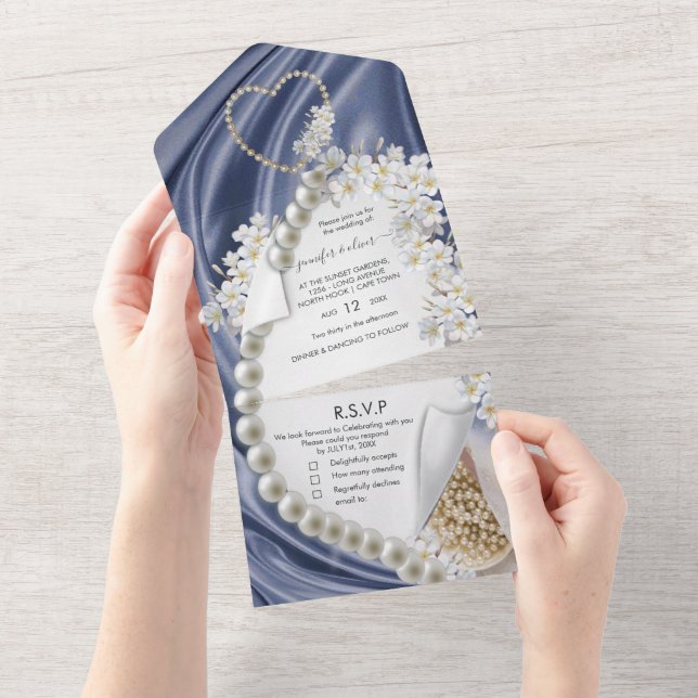 Blue Silk and Pearls All in One Wedding Invite (Tearaway)