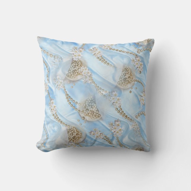 Blue Silk & Ivory Champaign Pearls Cushion (Front)