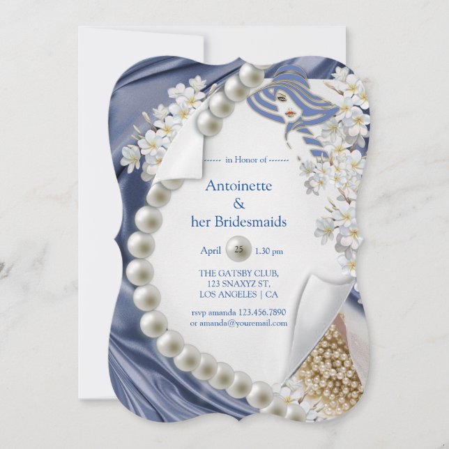Blue Silk & Ivory Pearls Bridal Party Invitation (Front)