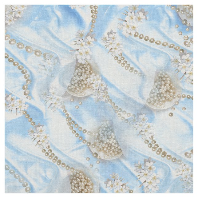 Blue Silk & Ivory Pearls Fabric (Close Up)