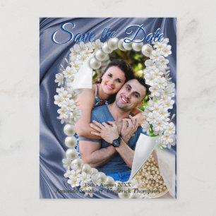 Blue Silk & Ivory Pearls Save the Date Announcement Postcard
