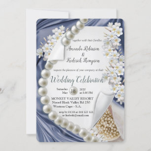 Blue silk  & Ivory Pearls Wedding Invitation