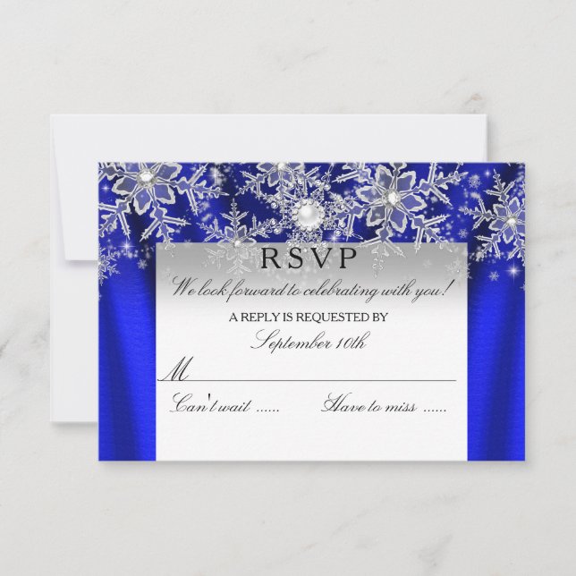 Blue Silk Pearl Snowflake Silver Winter RSVP (Front)