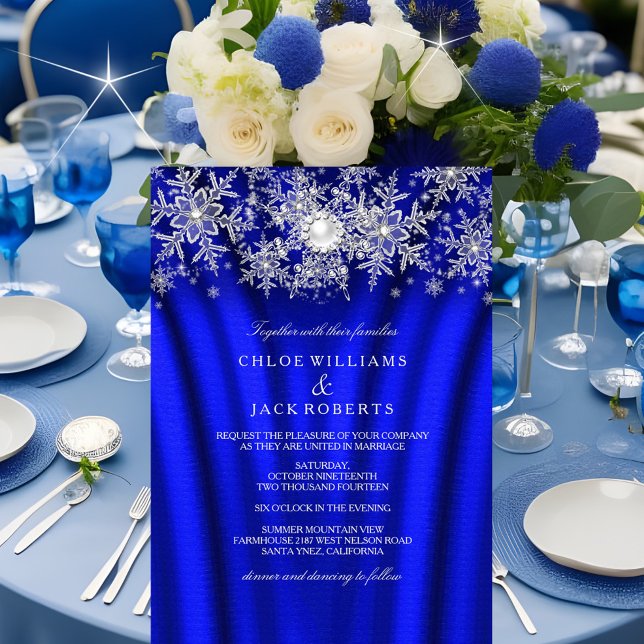 Blue Silk Pearl Snowflake Silver Winter Wedding Invitation (Creator Uploaded)