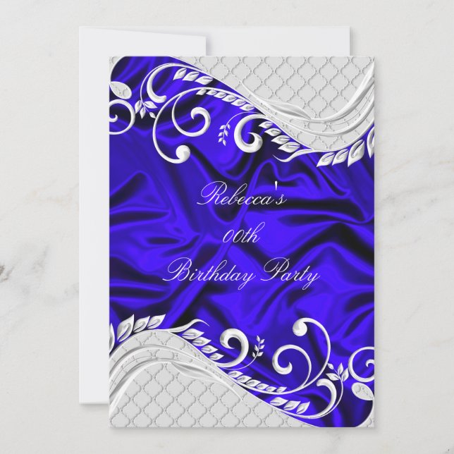 Blue Silk & Silver Swirl Birthday Announcements (Front)
