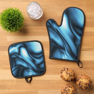 Blue Silk wave Oven Mitt & Pot Holder Set